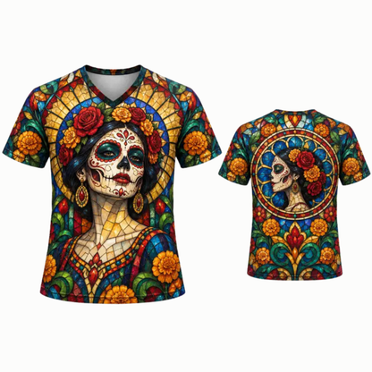 Parke Horizon Top – Women's Día de los Muertos La Catrina Stained Glass V-Neck Sports Top