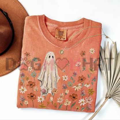 Botanical Boo Aesthetic Comfort Colors Tee - Preppy Wildflower Ghost Floral Halloween Graphic Cotton Shirt