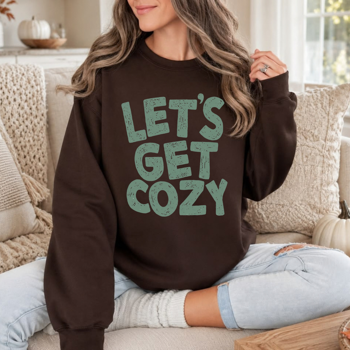 Festive Friction Sweatshirt – Green "Let's Get Cozy" Autumn Winter Holiday Crewneck