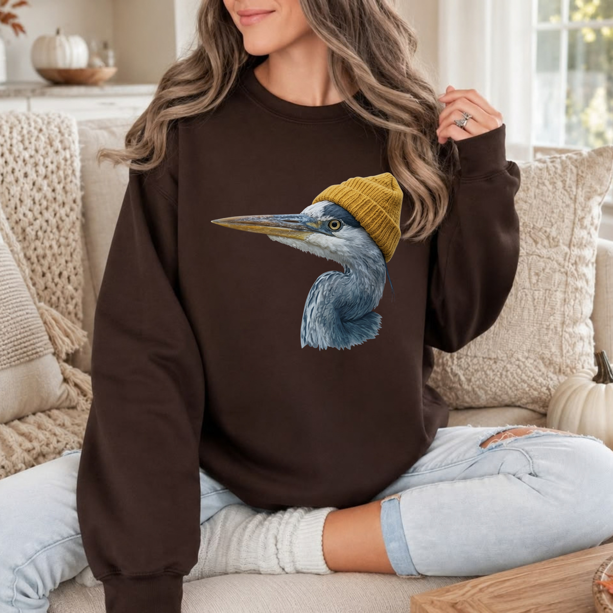 Festive Friction Sweatshirt – Retro 90s Great Blue Heron Wearing Beanie Vintage Birdwatching Crewneck