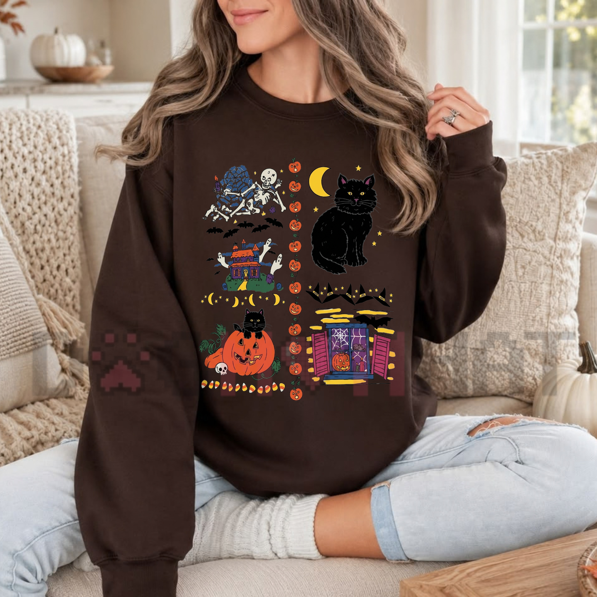 Vintage 90s Halloween Haunted House Fleece Crewneck Sweatshirt