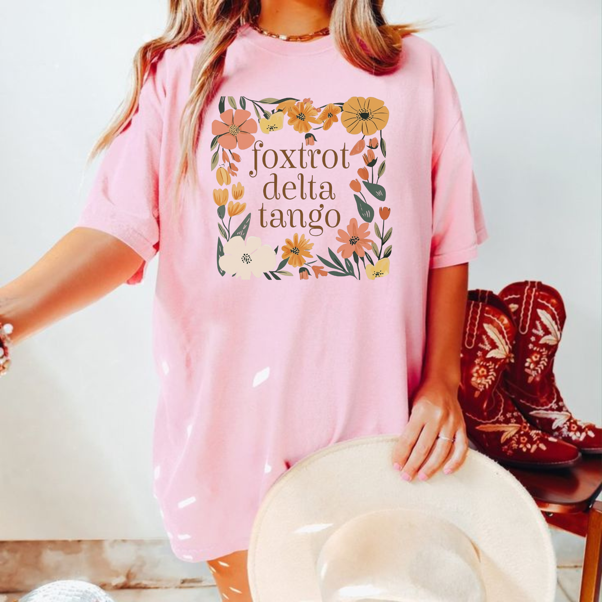 Parke Horizon Tee – "Foxtrots Deltas Tangos" Boho Floral Tactical Graphic T-Shirt