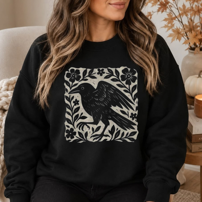 Parke Horizon Sweatshirt – Gothic Raven Linocut Style Dark Academia Graphic Crewneck