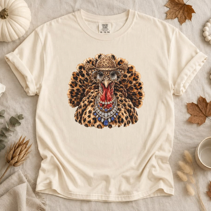 Festive Friction Tee – Rhinestone Leopard Turkey Sparkly Bling Thanksgiving Graphic T-Shirt