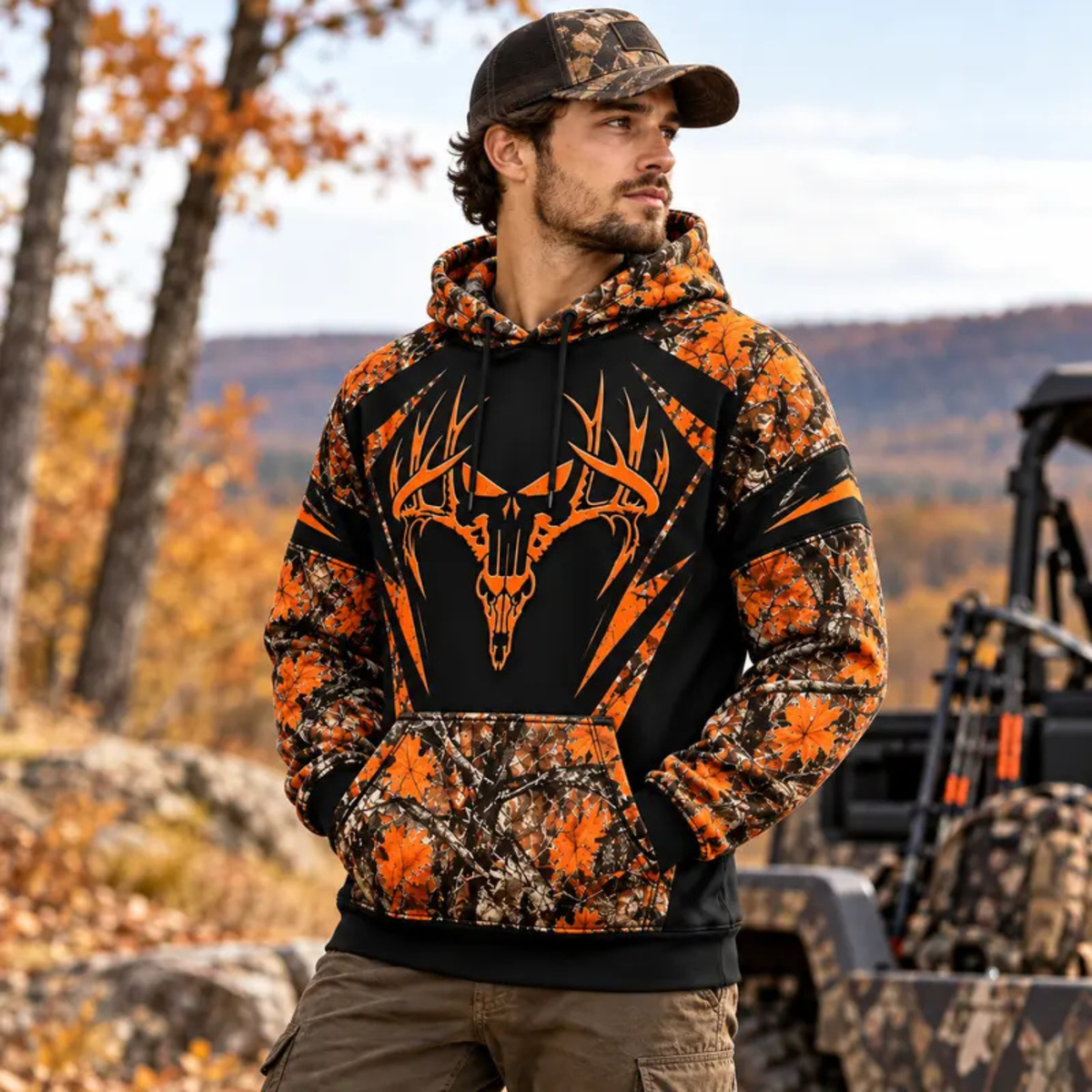 Highland Holly Hoodie – Leaf Camo Deer Antler Skull Graphic Pullover
