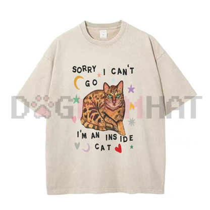 Sorry I Can't Go I'm A Home Cat Graphic Tee - Y2K Vintage Washed Coffee Brown Cotton Unisex Streetwear T-Shirt