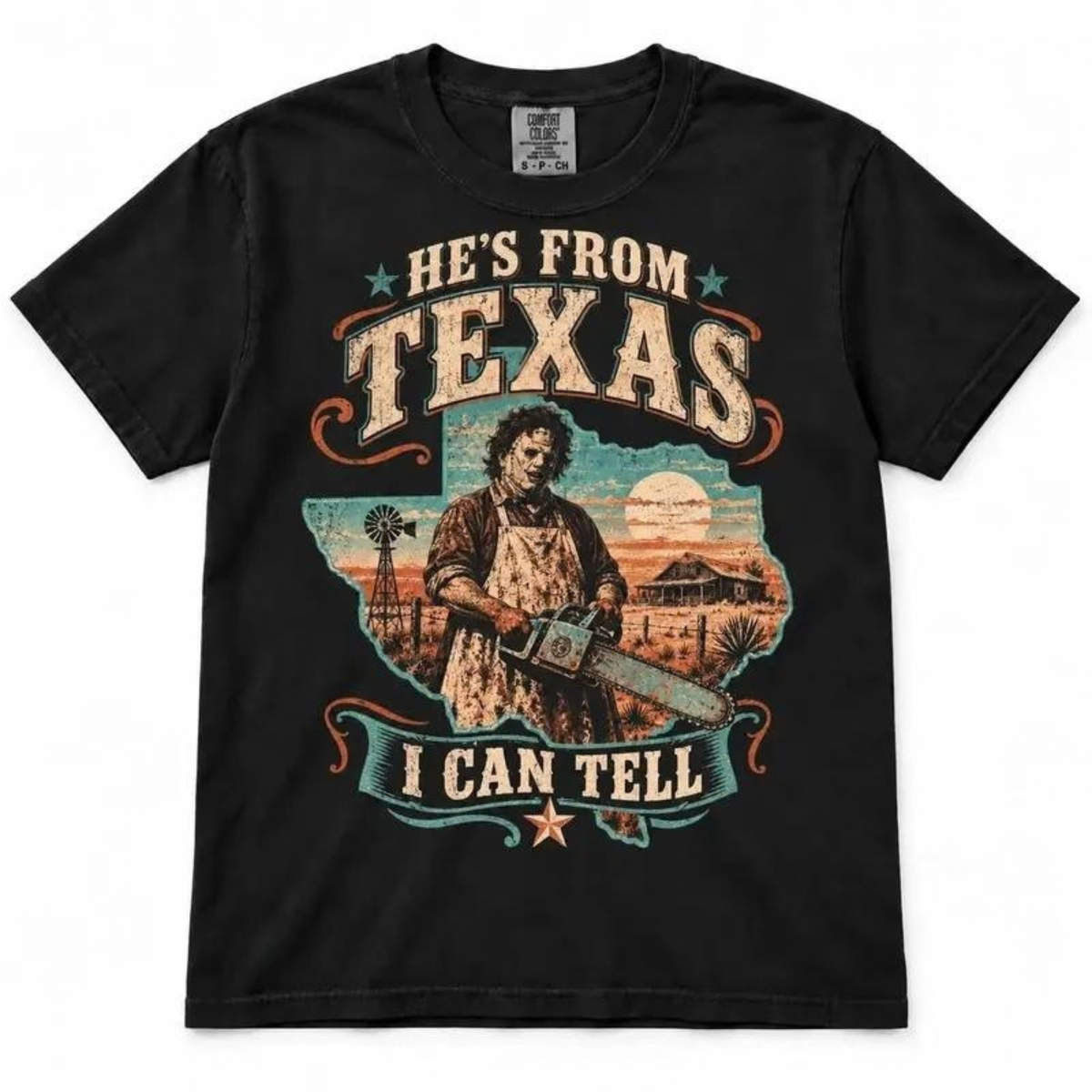 Hes From Texas I Can Tell Chainsaw Horror Graphic T-Shirt