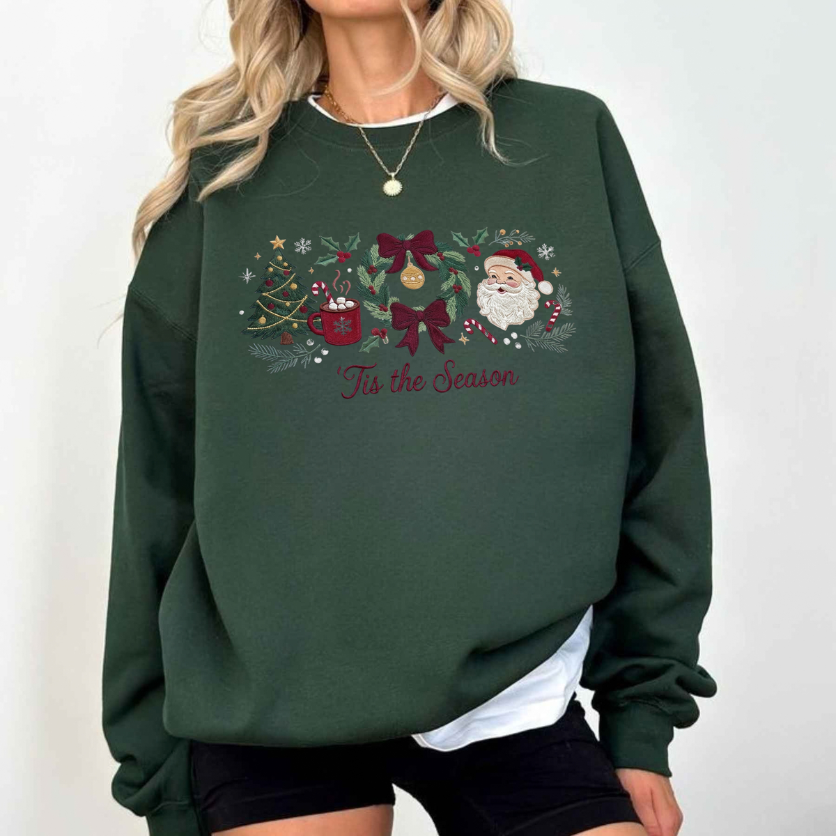 Festive Friction Sweatshirt – Christmas Gingham "Tis The Season" Embroidered Holiday Graphic Crewneck