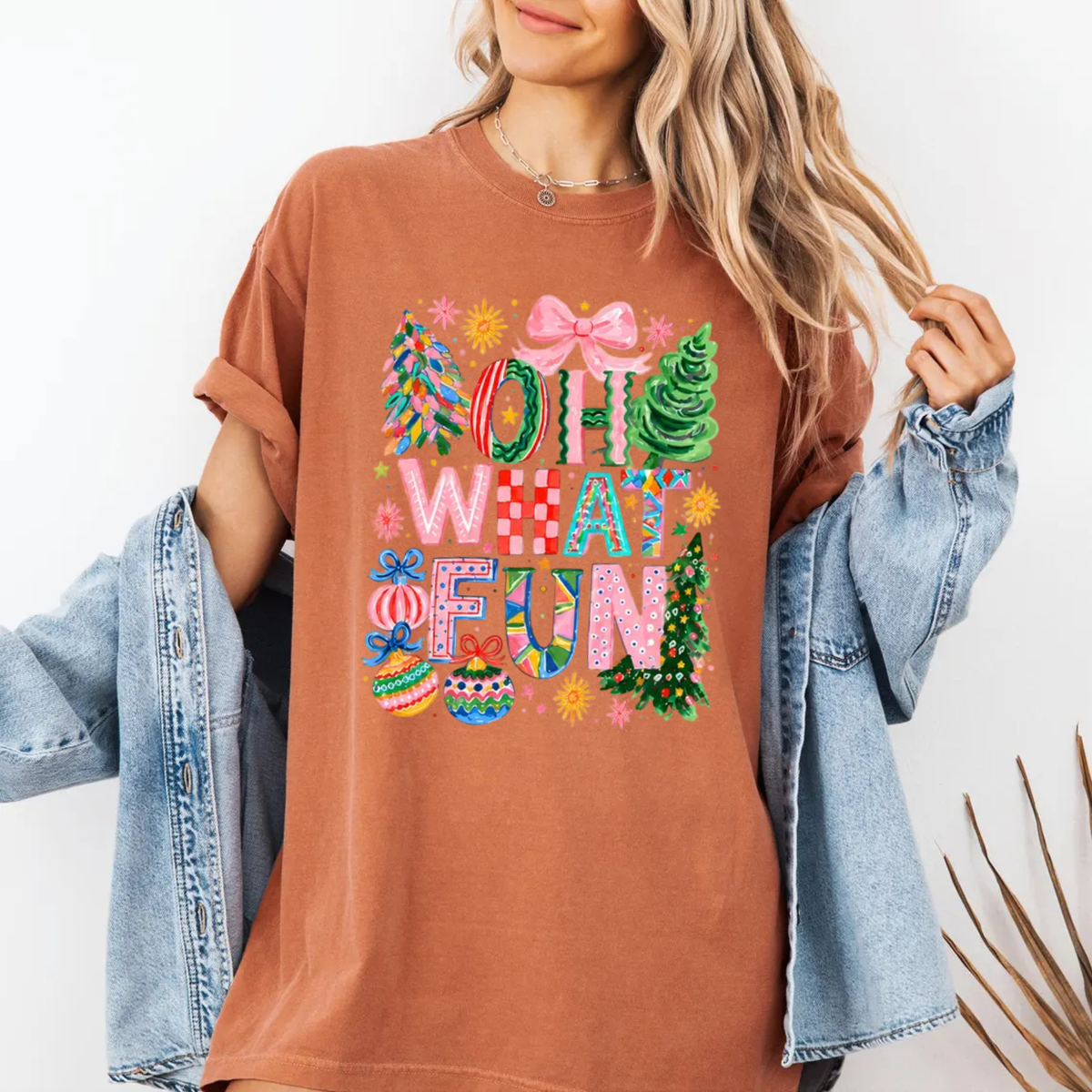 Oh What Fun Retro Pink Coquette Bow Christmas Graphic T-Shirt