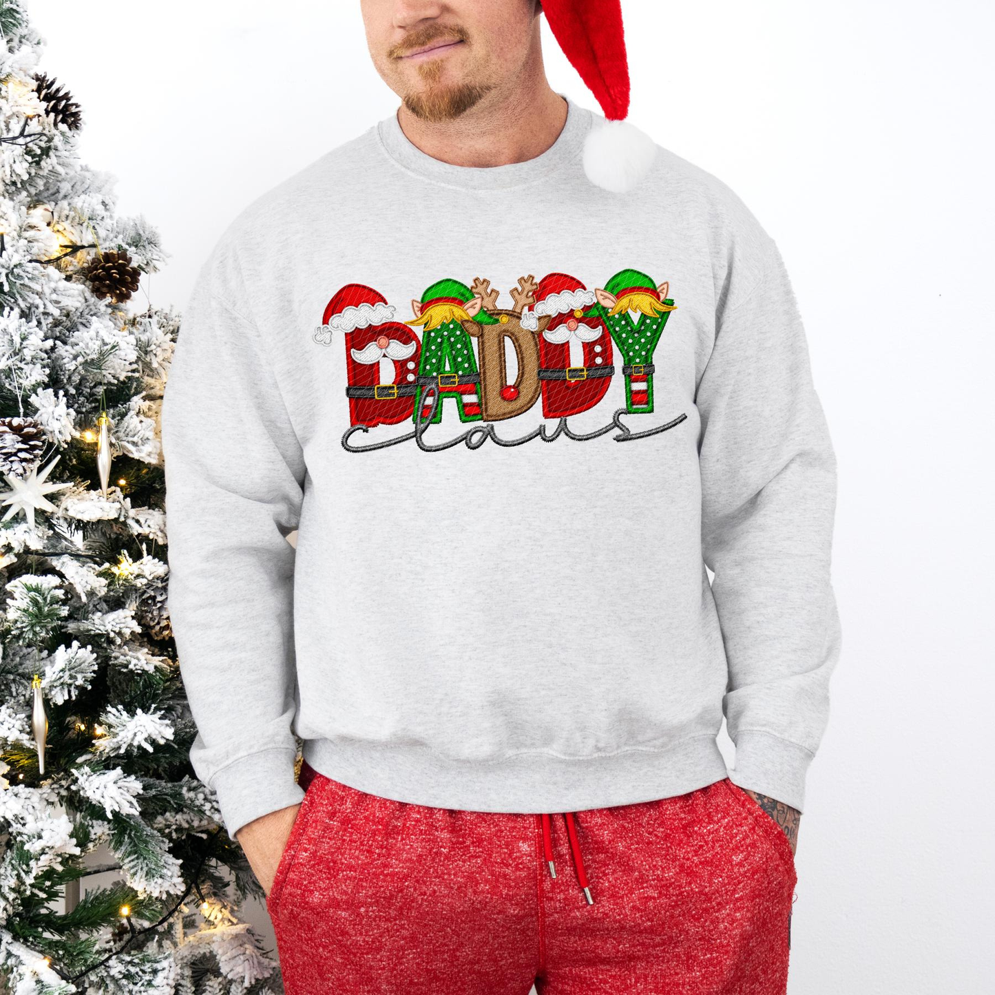 Unisex Faux Embroidery "Claus" Christmas Sweatshirt – Festive Holiday Pullover