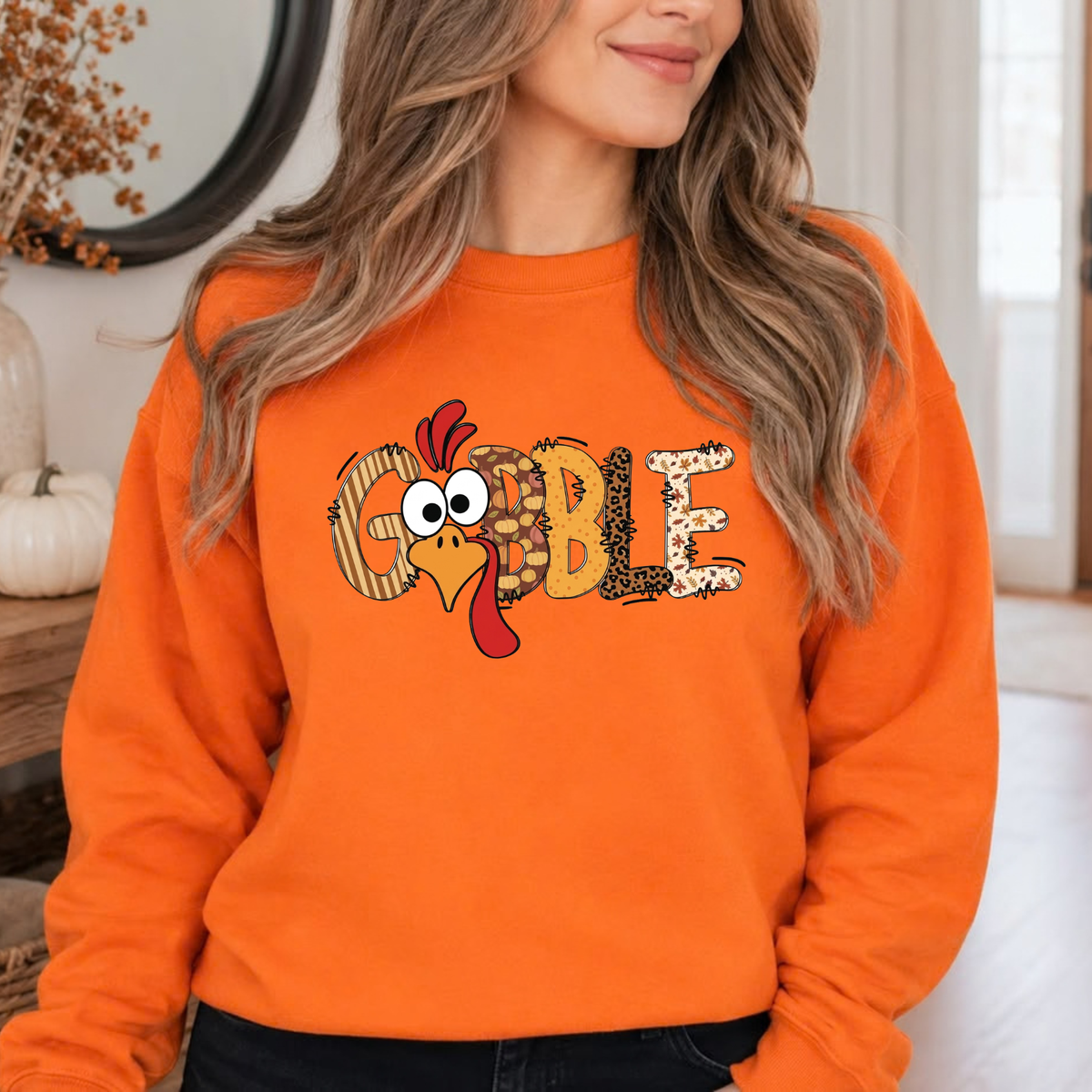 Festive Friction Sweatshirt – Cute "Gobble" Turkey Graphic Fall Crewneck