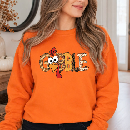 Festive Friction Sweatshirt – Cute "Gobble" Turkey Graphic Fall Crewneck