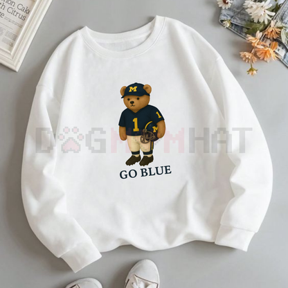 All Team College Football Teddy Bear Graphic Sweatshirt Pullover – White Vintage Sport Varsity Crewneck