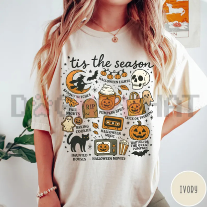 Tis The Season Pumpkin Witch Graphic Tee - Retro Vintage Halloween Soft Cotton Unisex Spooky Season Fall Aesthetic T-Shirt