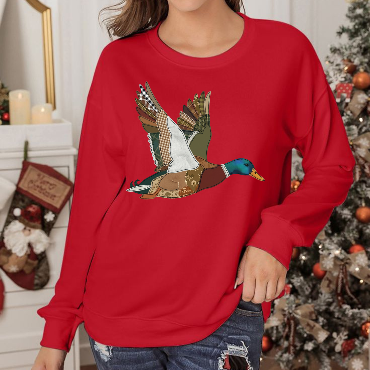 Festive Friction – Retro Patchwork Duck Illustrated Knitted-Like Casual Long-Sleeved Top