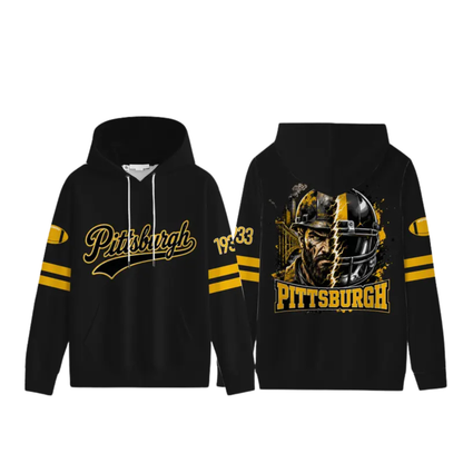 Unisex Football City Graphic Hoodie - Black Pullover with Front Script & Back Helmet Art