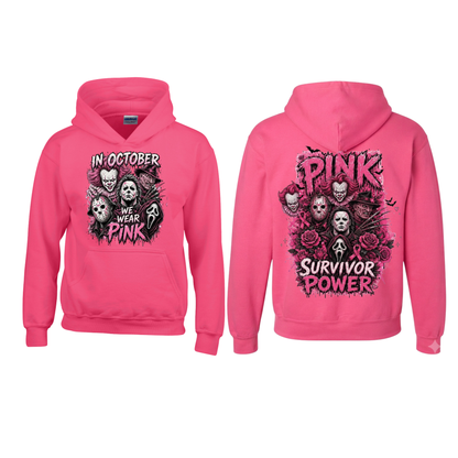Pink Horror October Pullover Hoodie – Halloween Scary Movie Character & Pumpkin Graphic Sweatshirt