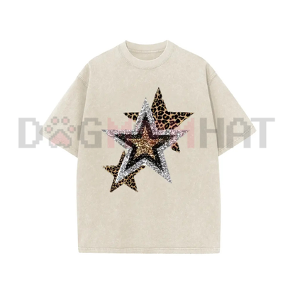 Holafish Celestial Cheetah Acid Wash Tee - Subtle Glitter Leopard Star Crew Neck Streetwear Shirt