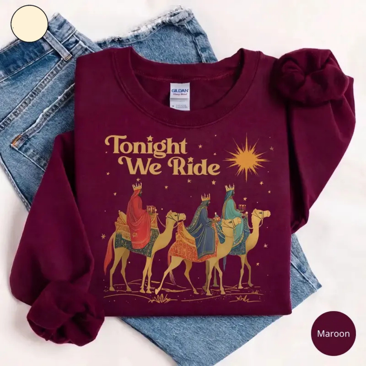 Festive Friction Sweatshirt – "Tonight We Ride" Retro Three Wise Men Faith Graphic Crewneck