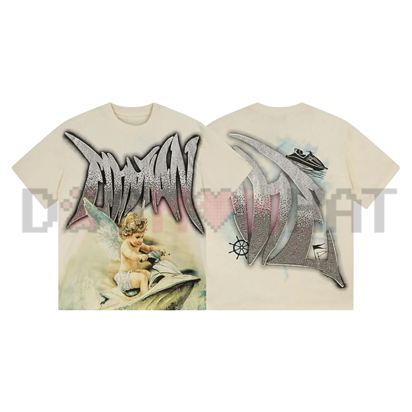 Mixed Emotion Diamond Angel Graphic Tee - Vintage Washed Cotton Unisex Y2K Hip Hop Oversized Streetwear T-Shirt