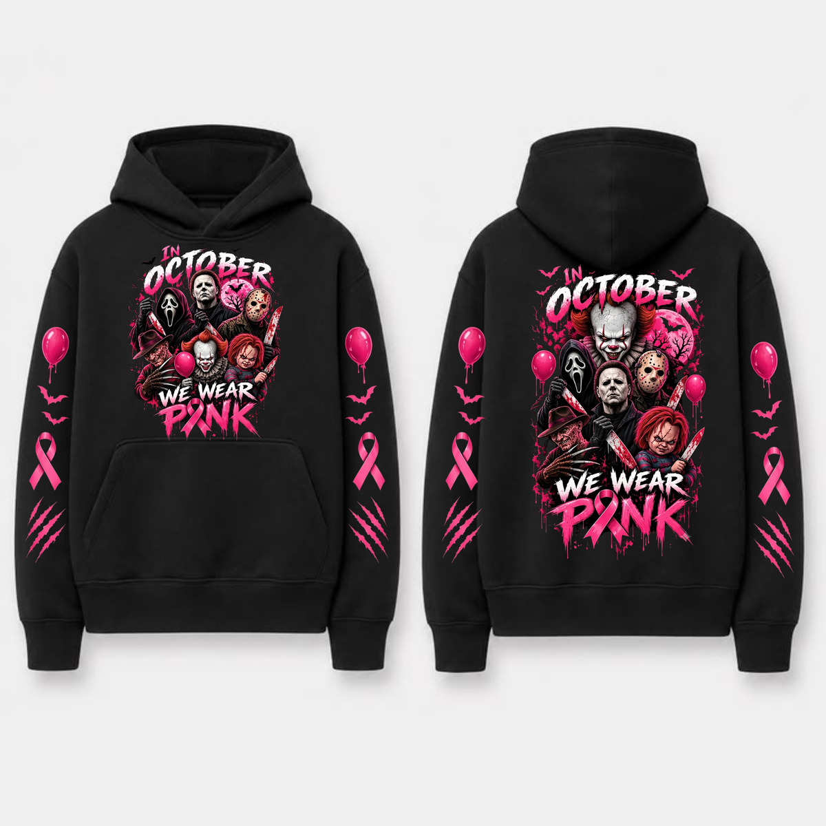 "In October We Wear Pink" Horror Spooky Ribbon Graphic Hoodie
