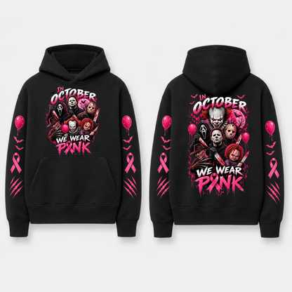 "In October We Wear Pink" Horror Spooky Ribbon Graphic Hoodie