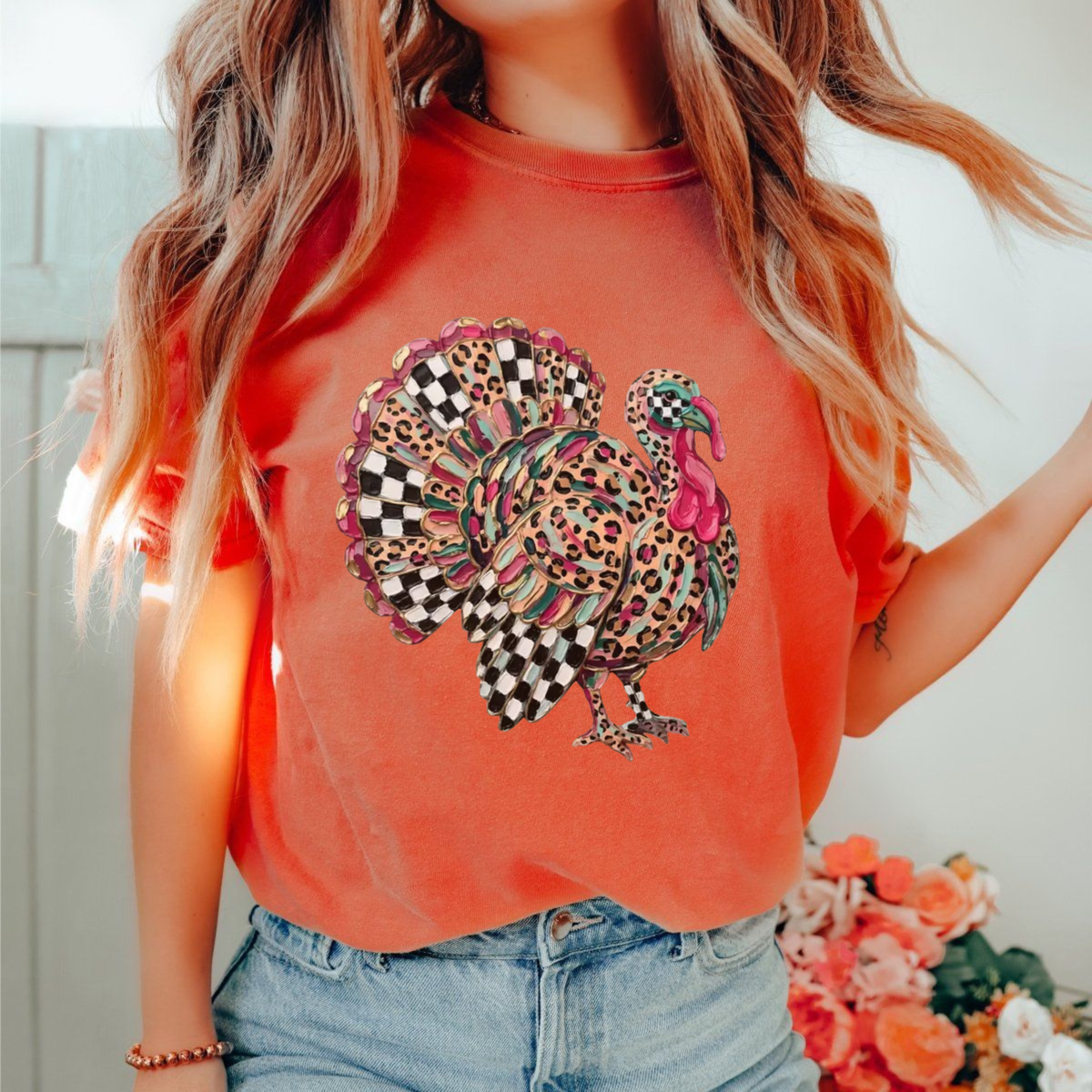 Festive Friction Tee – Leopard & Checkered Turkey Fall Graphic T-Shirt