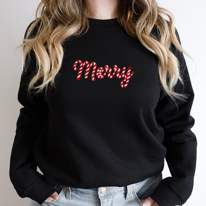 Festive Friction Sweatshirt – Embroidered-Look Merry Christmas Candy Cane Holiday Crewneck