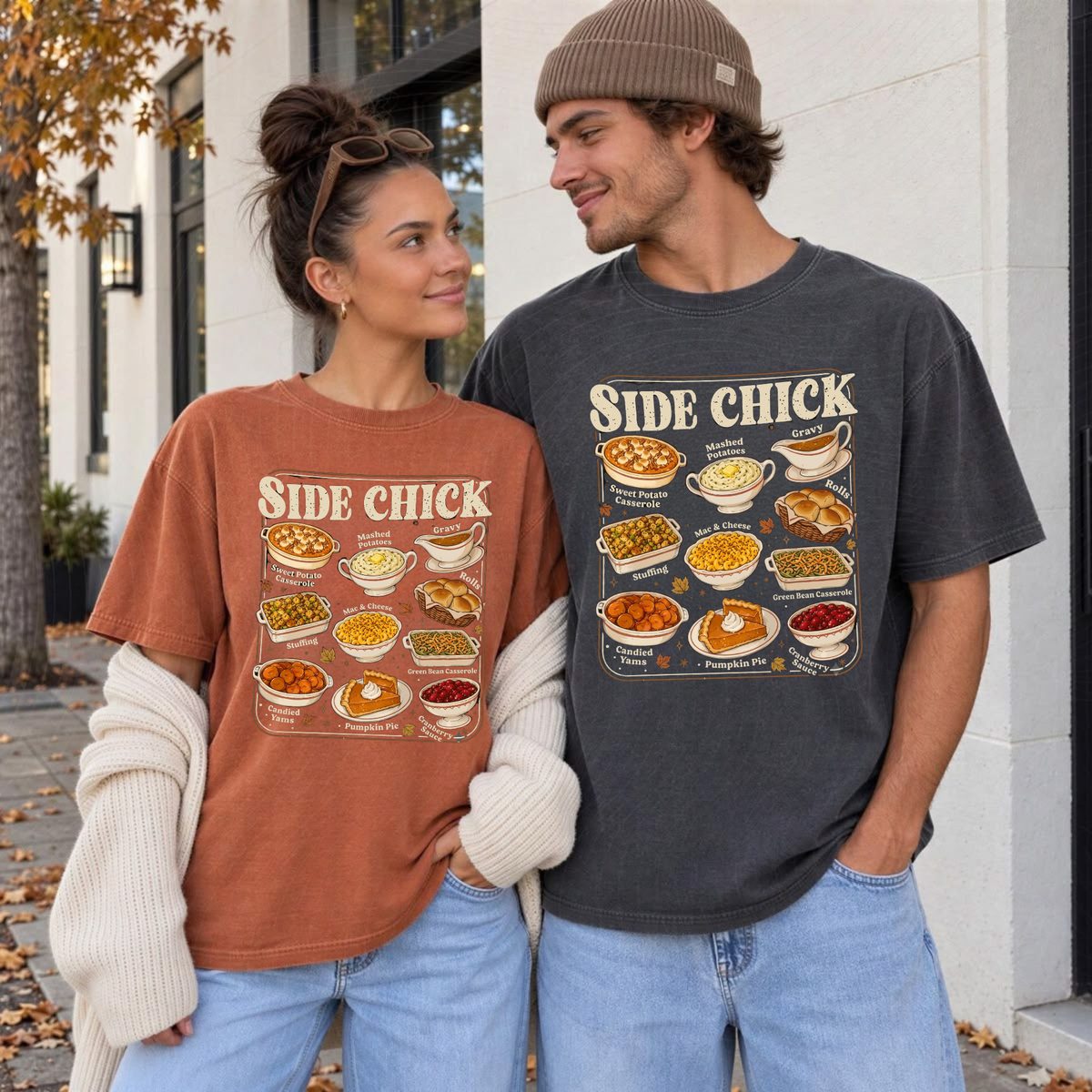 Festive Friction Tee – Retro "Side Chick" Funny Thanksgiving & Friendsgiving Graphic T-Shirt