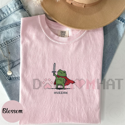 Huzzah Frog with Sword Tee – Embroidered Medieval Frog Shirt
