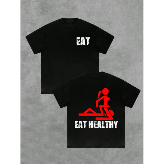 Men’s 220g Heavyweight Cotton T-Shirt – Double-Sided Print Tee with Healthy Lifestyle Theme
