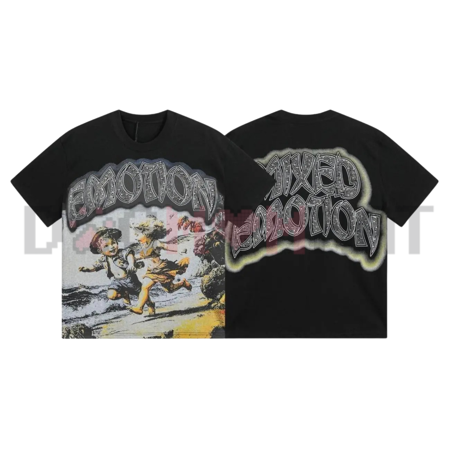 Mixed Emotion Diamond Angel Graphic Tee - Vintage Washed Cotton Unisex Y2K Hip Hop Oversized Streetwear T-Shirt