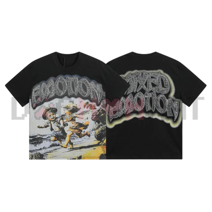 Mixed Emotion Diamond Angel Graphic Tee - Vintage Washed Cotton Unisex Y2K Hip Hop Oversized Streetwear T-Shirt