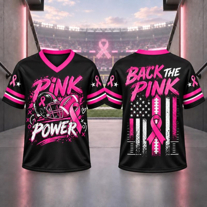 Pink Ribbon Breast Cancer Awareness V-Neck Football Jersey T-Shirt