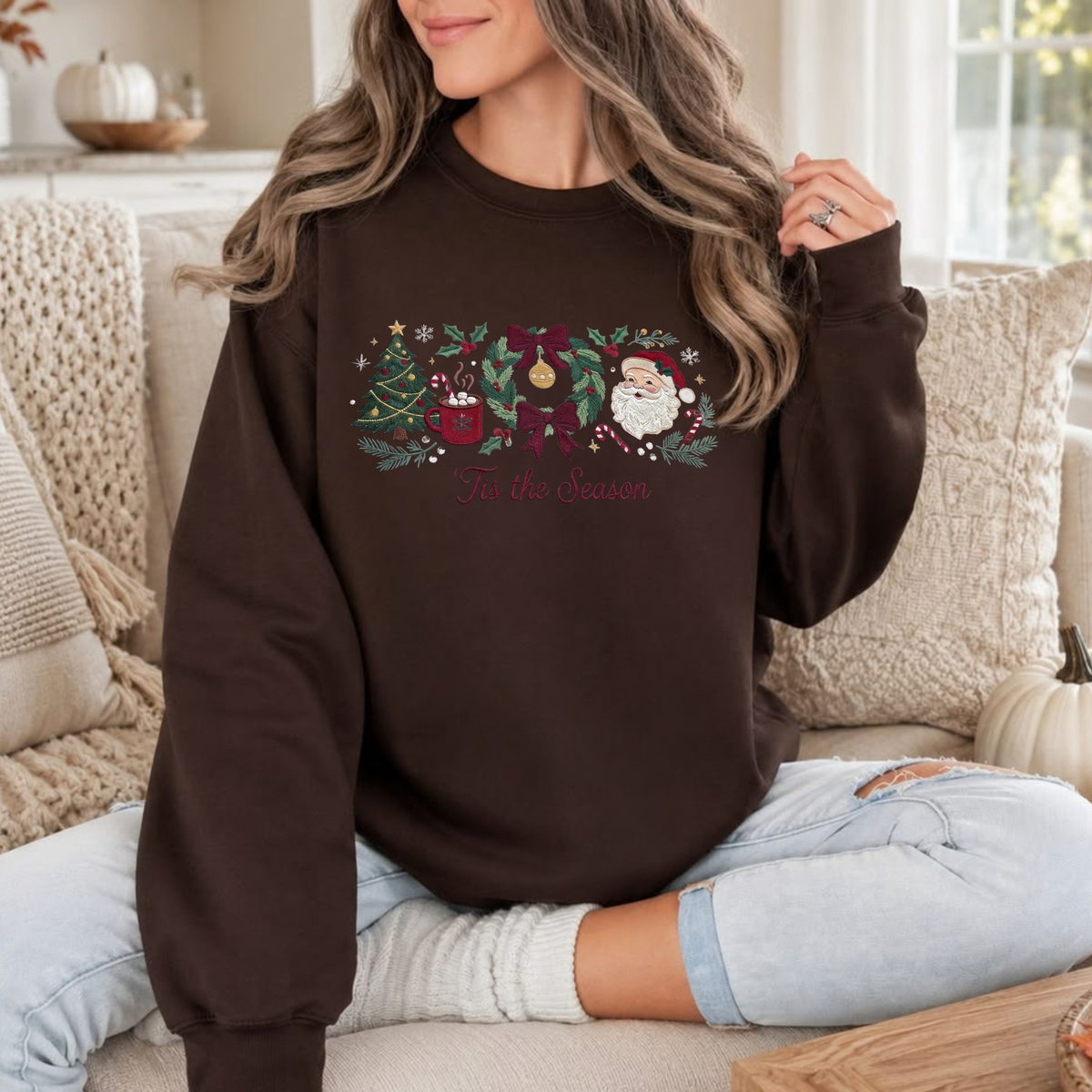 Festive Friction Sweatshirt – Christmas Gingham "Tis The Season" Embroidered Holiday Graphic Crewneck
