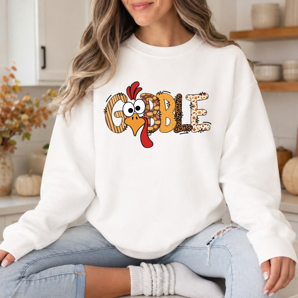 Festive Friction Sweatshirt – Cute "Gobble" Turkey Graphic Fall Crewneck
