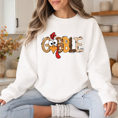 Festive Friction Sweatshirt – Cute "Gobble" Turkey Graphic Fall Crewneck