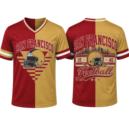 Unisex Two-Tone Split V-Neck Football Fan Jersey - Loose Fit Striped Tailgate Top