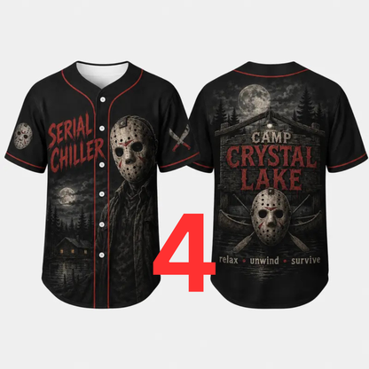 Unisex Horror Graphic Print Baseball Jersey - Slasher Theme Button-Up