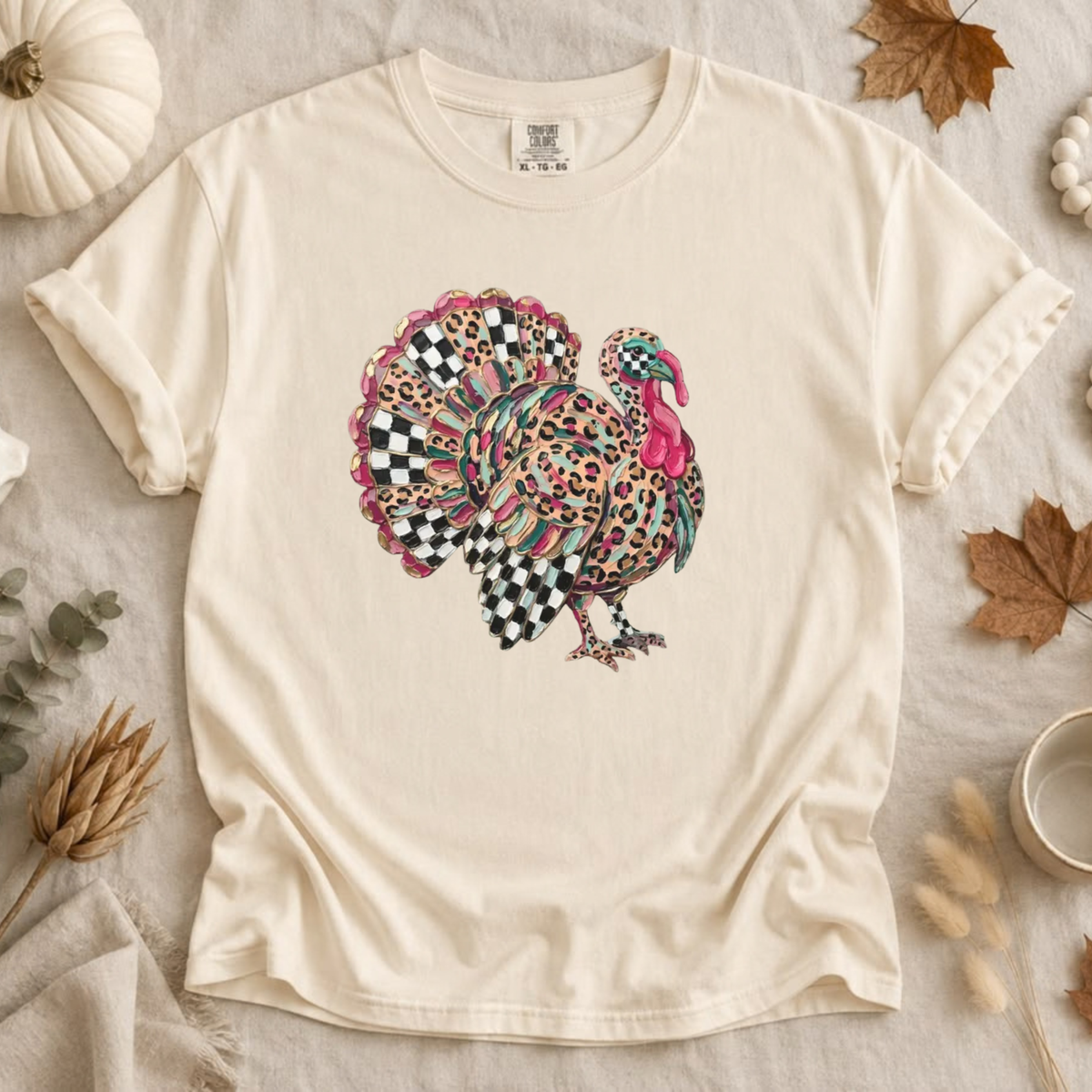 Festive Friction Tee – Leopard & Checkered Turkey Fall Graphic T-Shirt