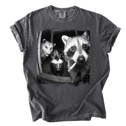 Bog Bound Tee – "Trash Panda Night Crew" Funny Raccoon Opossum Skunk Graphic Shirt