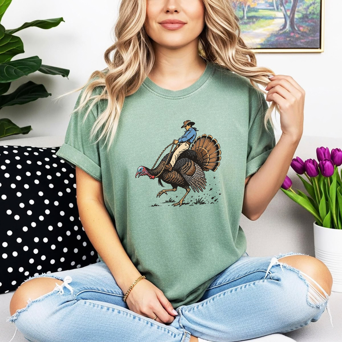 Festive Friction Tee – Cowboy Turkey Rodeo Funny Western Thanksgiving Graphic T-Shirt