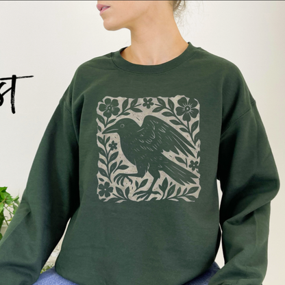 Parke Horizon Sweatshirt – Gothic Raven Linocut Style Dark Academia Graphic Crewneck