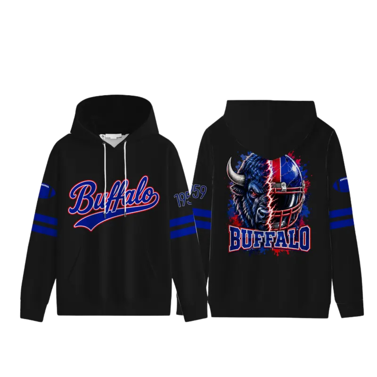 Unisex Football City Graphic Hoodie - Black Pullover with Front Script & Back Helmet Art