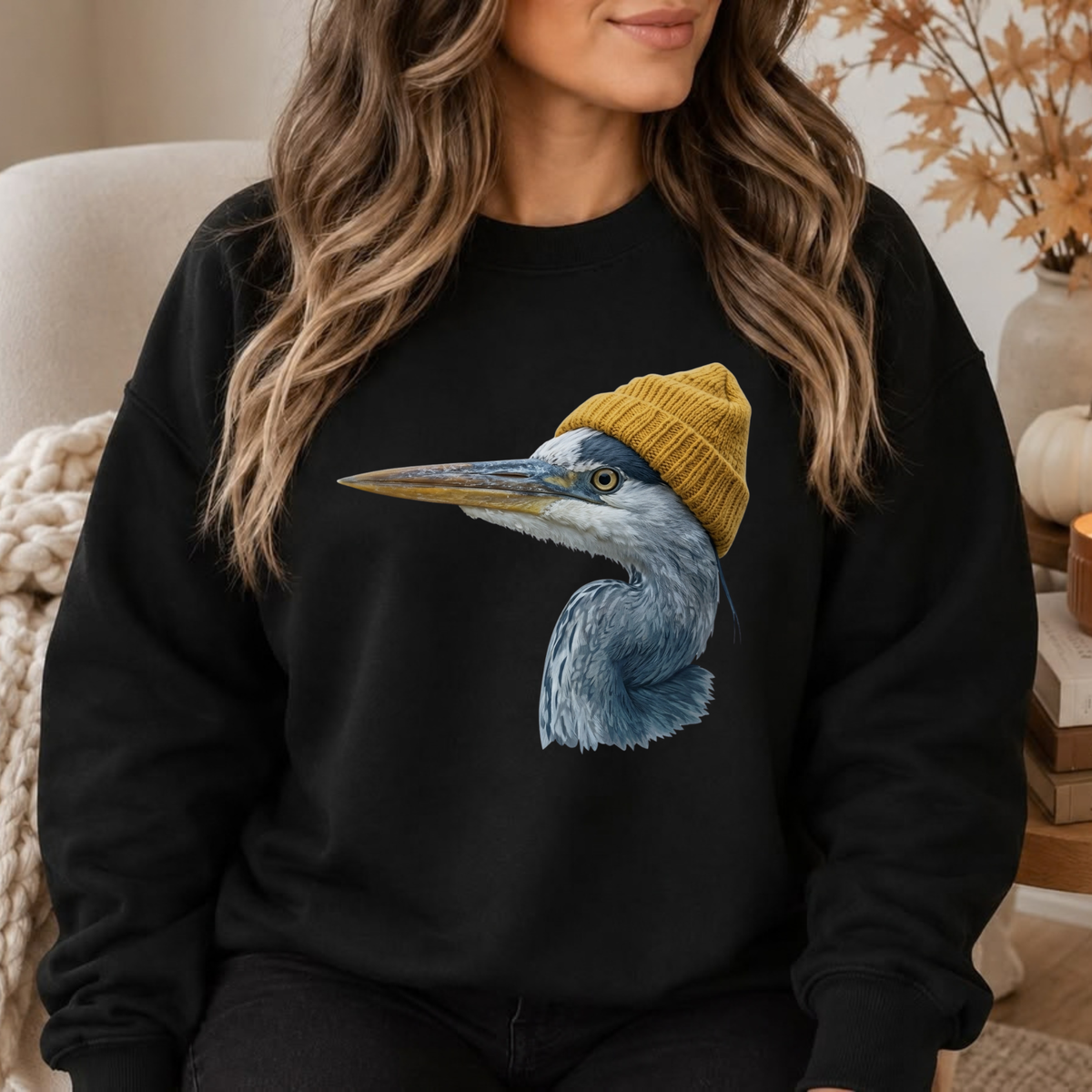 Festive Friction Sweatshirt – Retro 90s Great Blue Heron Wearing Beanie Vintage Birdwatching Crewneck