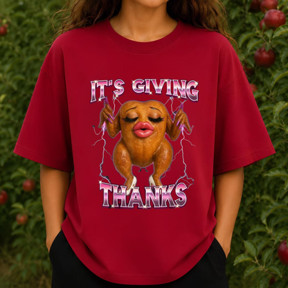 Festive Friction Tee – Fit Turkey Meme "It's Giving Thanks" Thanksgiving Graphic T-Shirt
