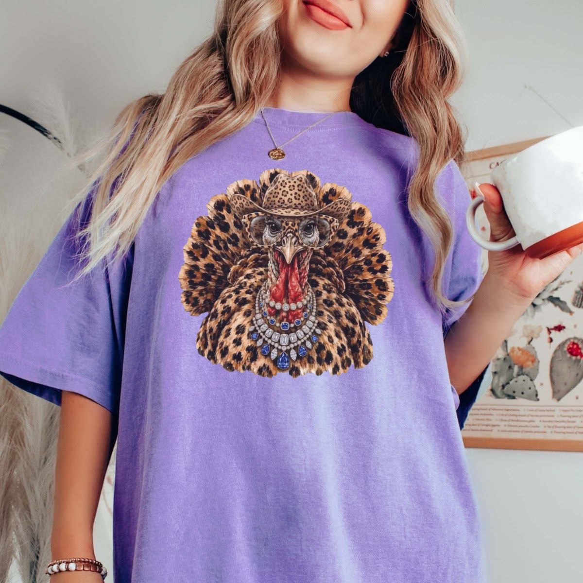 Festive Friction Tee – Rhinestone Leopard Turkey Sparkly Bling Thanksgiving Graphic T-Shirt
