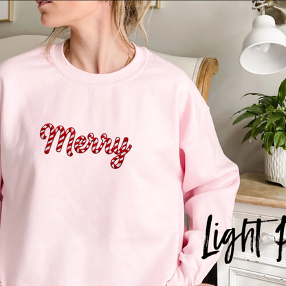 Festive Friction Sweatshirt – Embroidered-Look Merry Christmas Candy Cane Holiday Crewneck