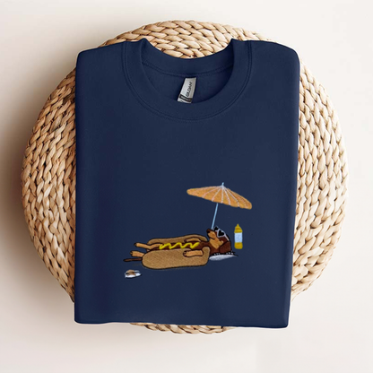 "Hot Dog on the Beach" Embroidered Dachshund T-Shirt