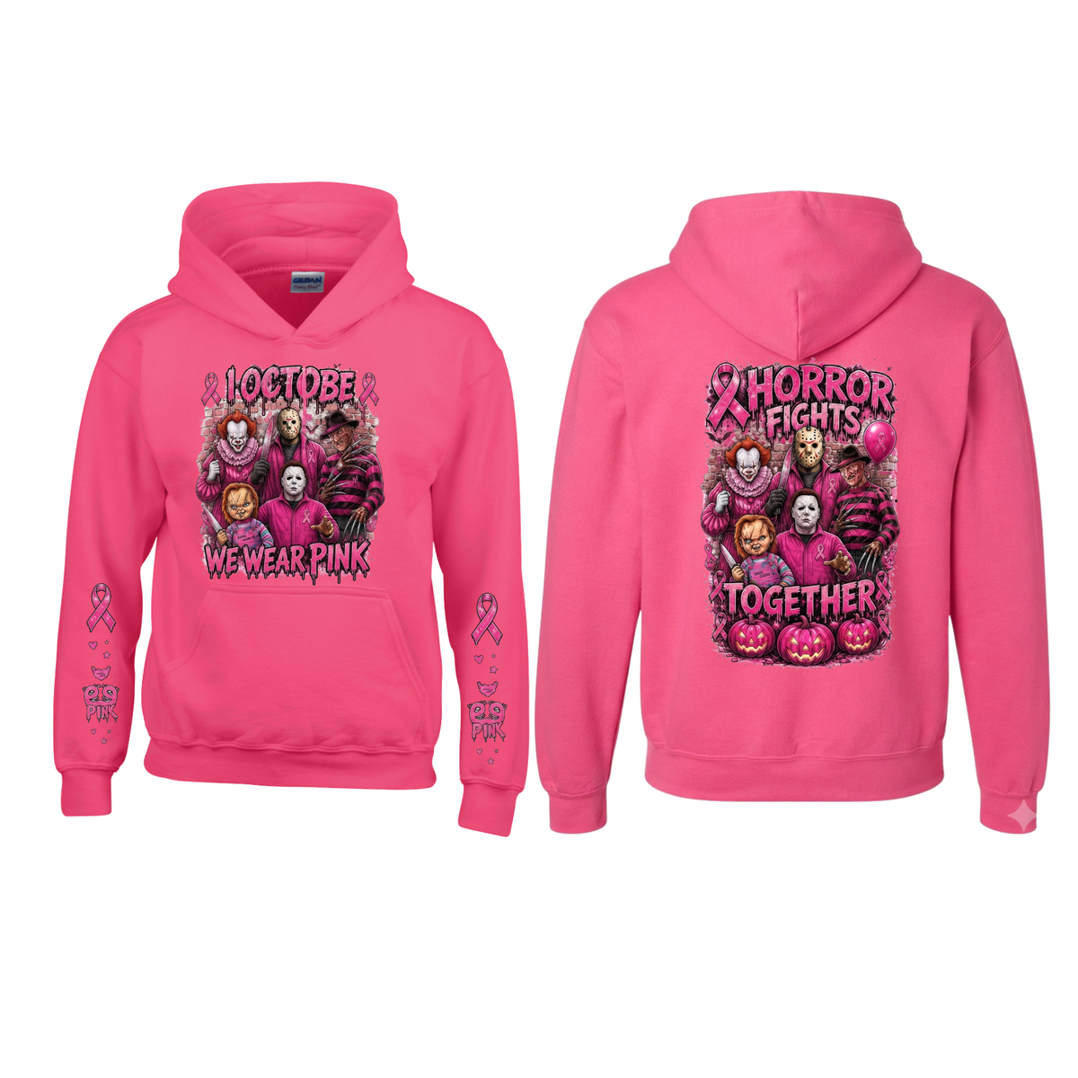 Pink Horror October Pullover Hoodie – Halloween Scary Movie Character & Pumpkin Graphic Sweatshirt